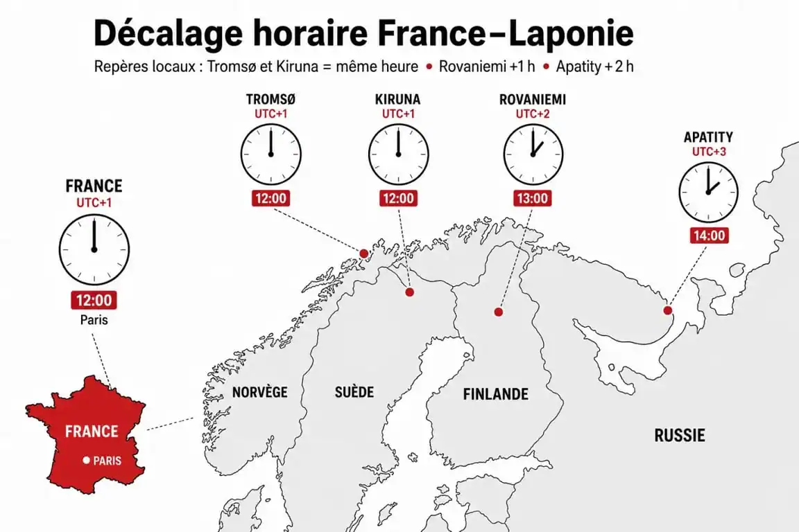 Décalage horaire laponie : carte des fuseaux horaires entre la France, la Finlande, la Suède, la Norvège et la Russie