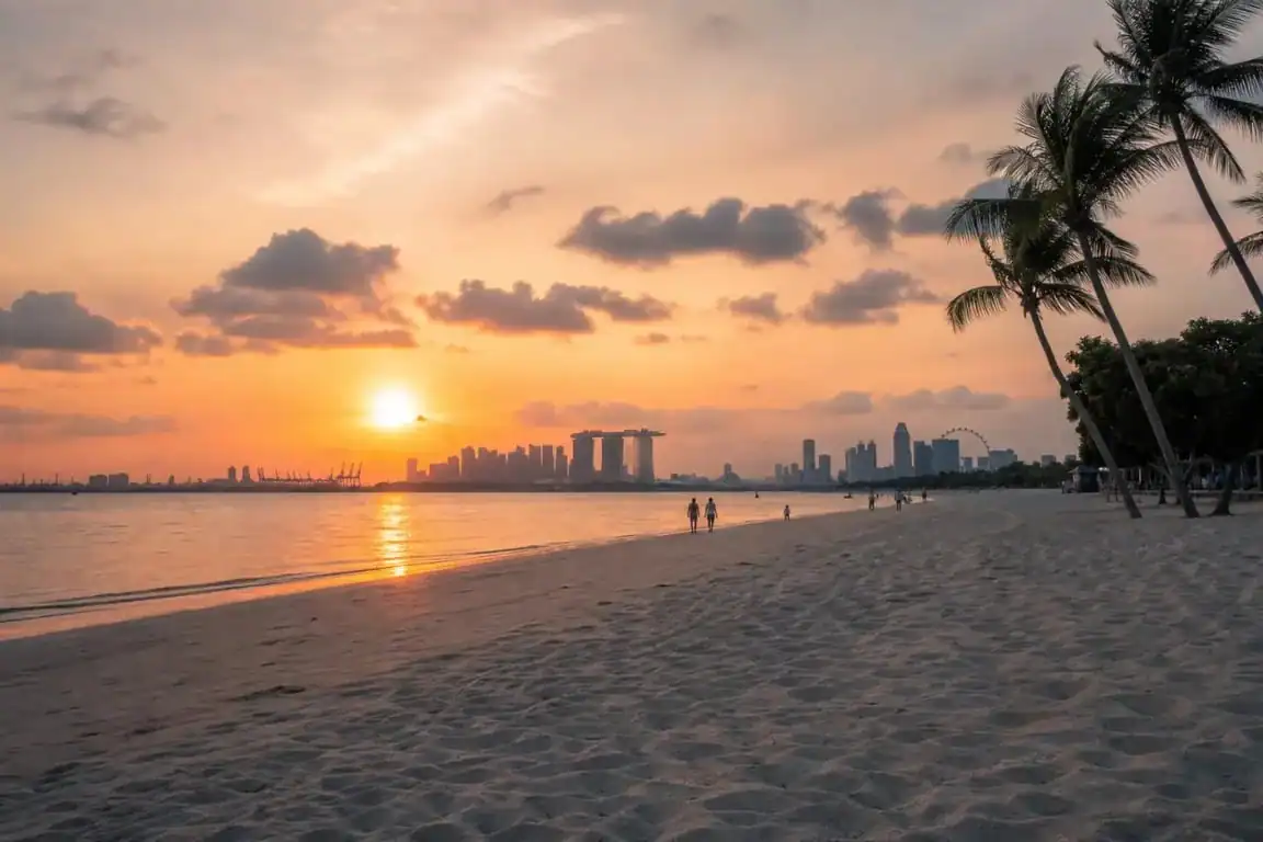 Singapour plage au coucher du soleil avec sable clair et mer calme