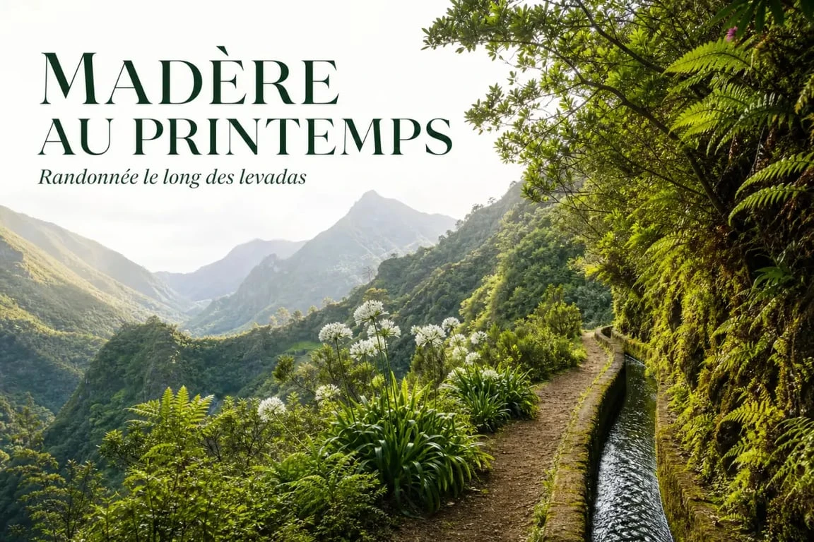 Paysage de randonnée à Madère en avril avec végétation luxuriante et fleurs printanières