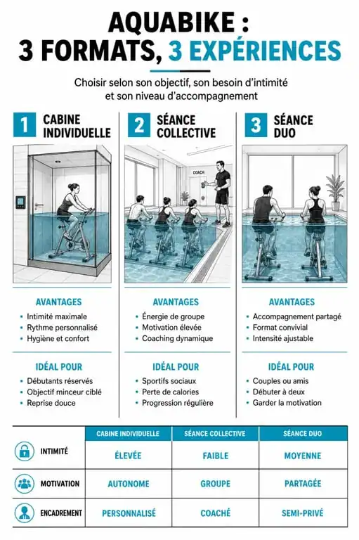 Comparatif des séances d'aquabike à Paris 9 : cabine individuelle, collective ou duo