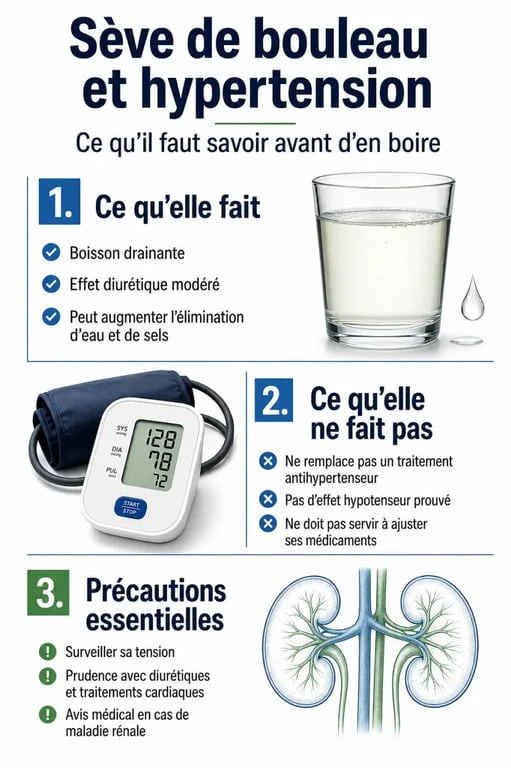 Infographie sur la sève de bouleau et hypertension : bénéfices, limites et précautions