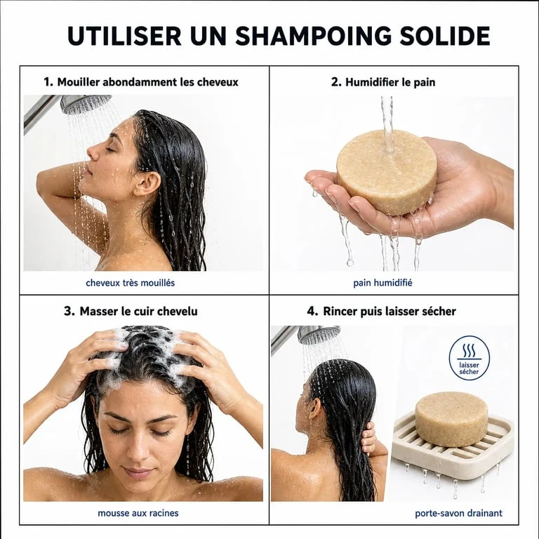 Comment utiliser un shampoing solide étape par étape sous la douche, avec rinçage et séchage corrects