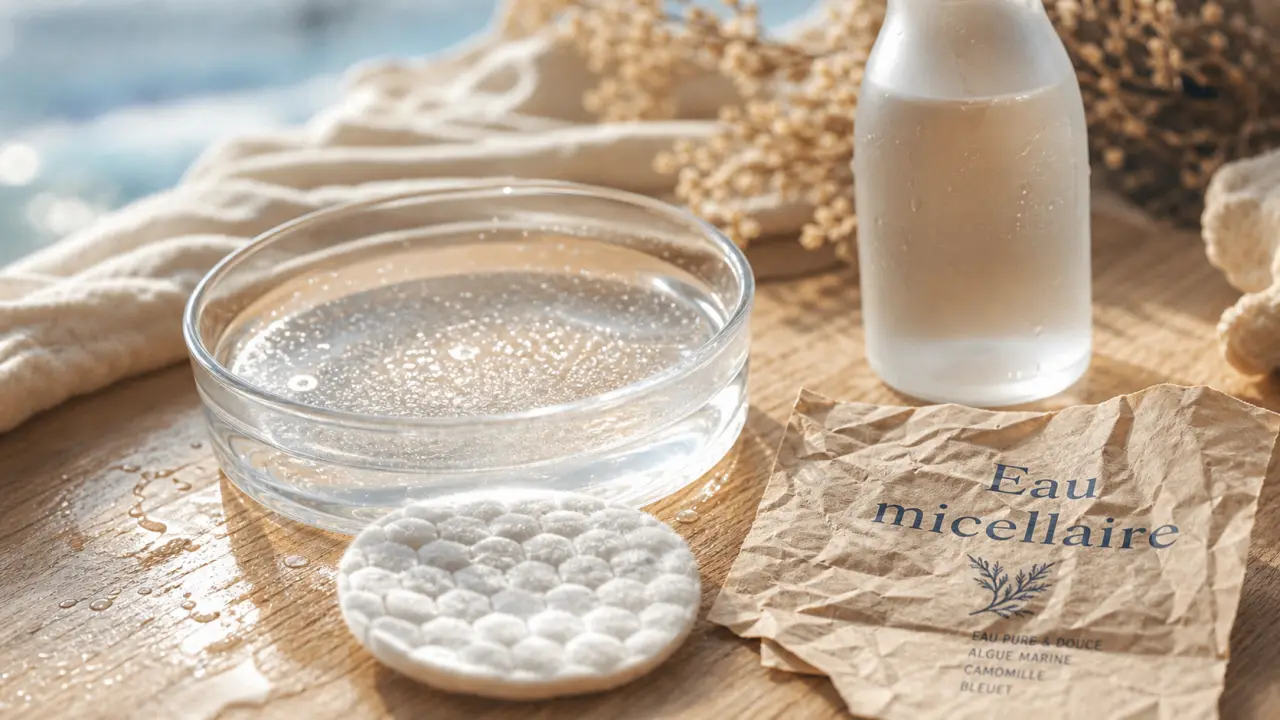 Micellaire définition : eau micellaire et micelles sur table