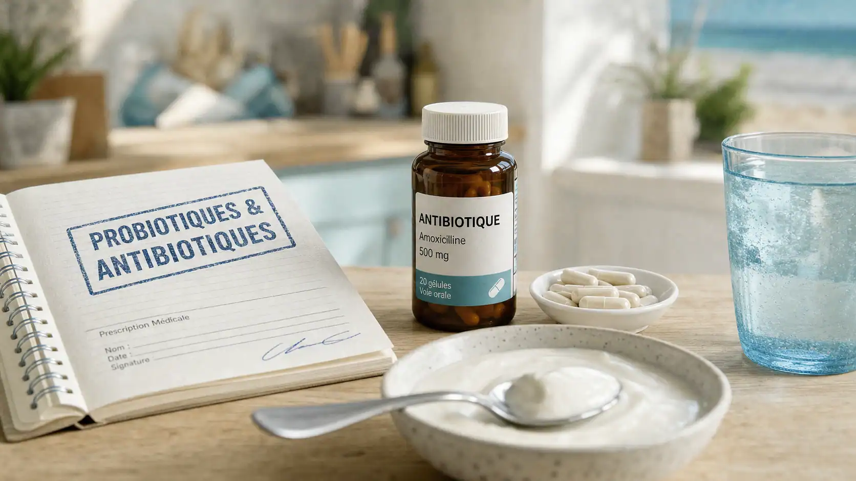 probiotique apres antibio : flacon et gélules, prise à 2 heures et précautions