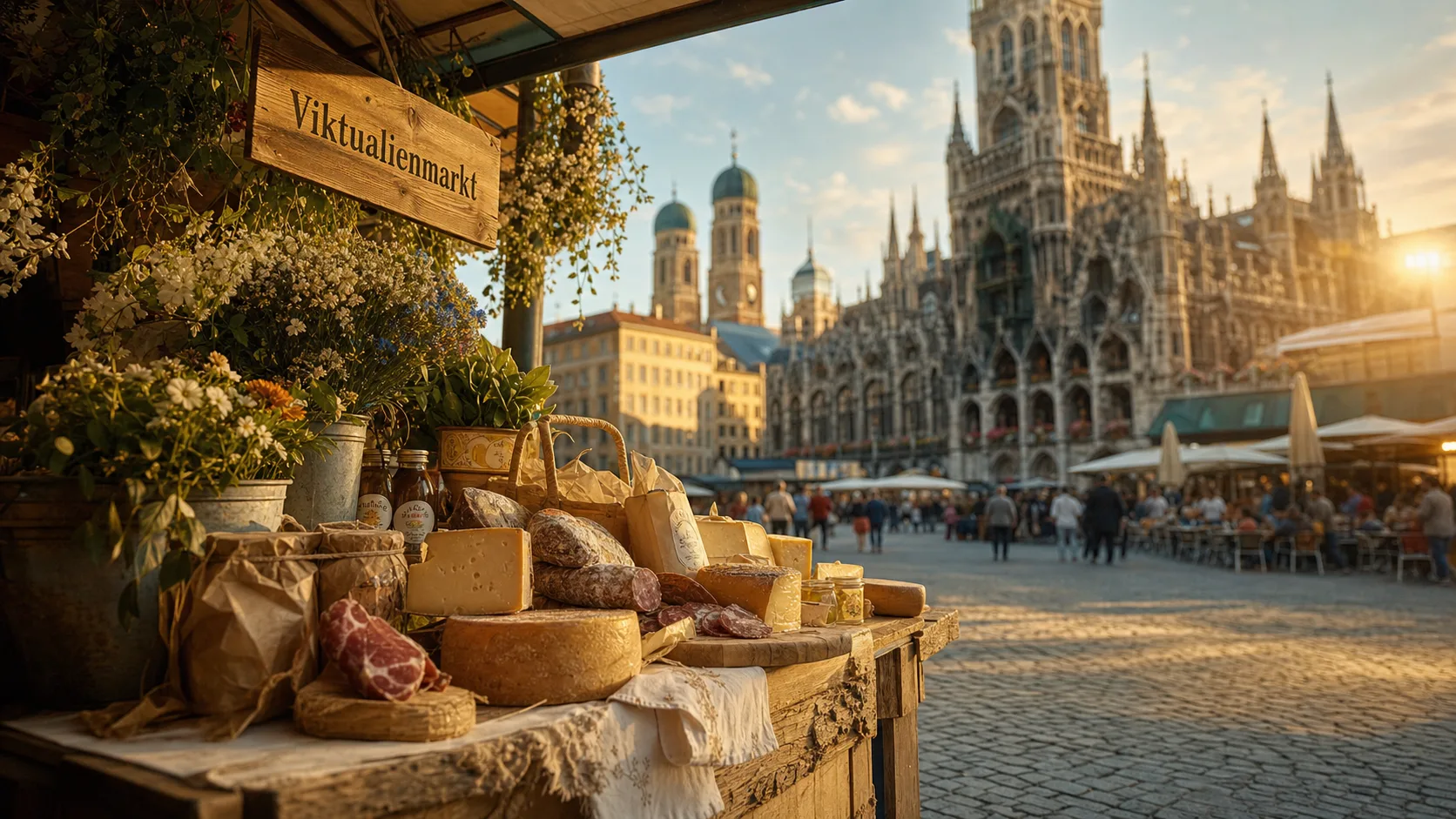 Que voir à Munich : Marienplatz et marché Viktualienmarkt au golden hour