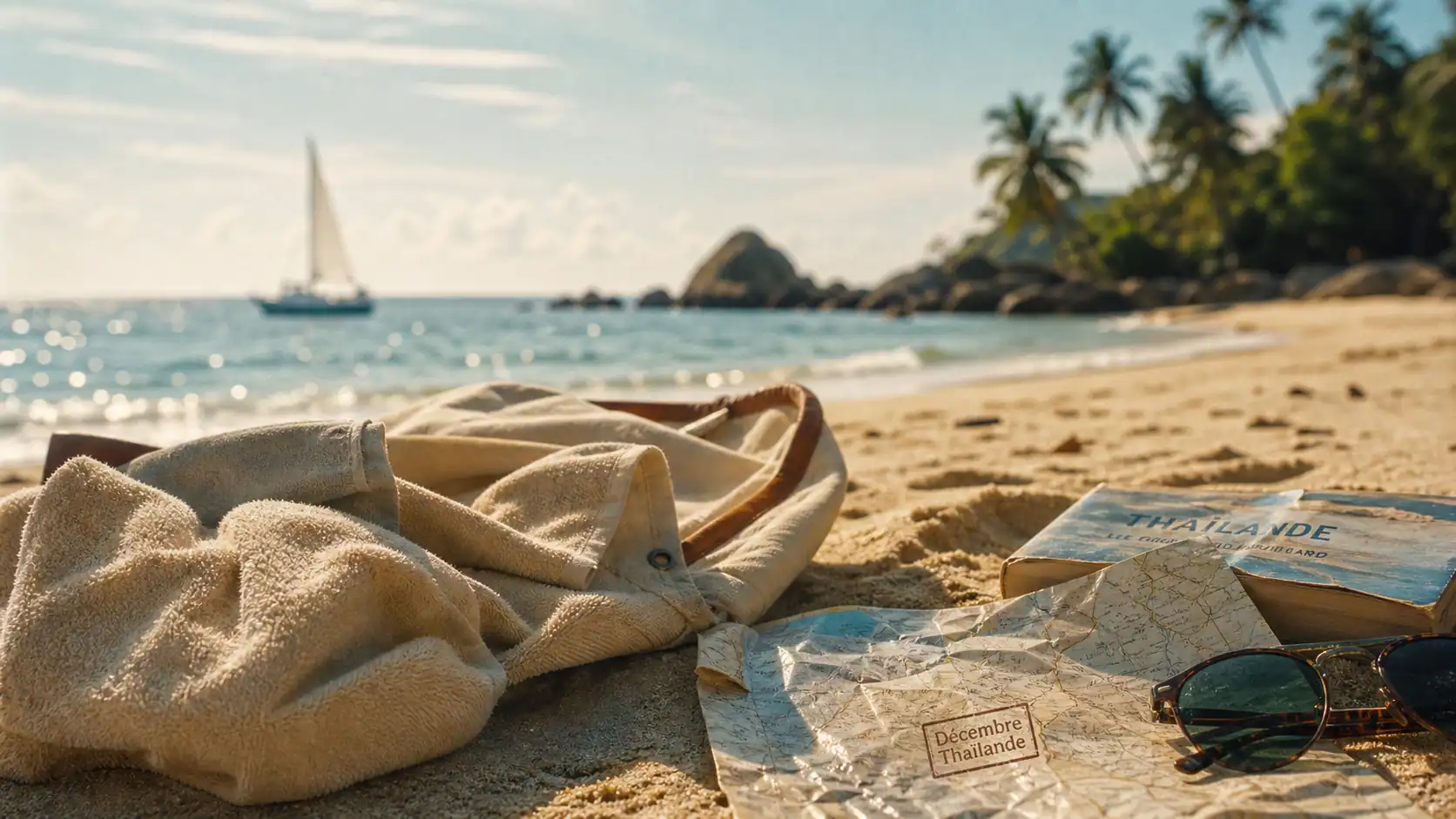 Thailande en decembre : serviette, sac et carte sur sable doré