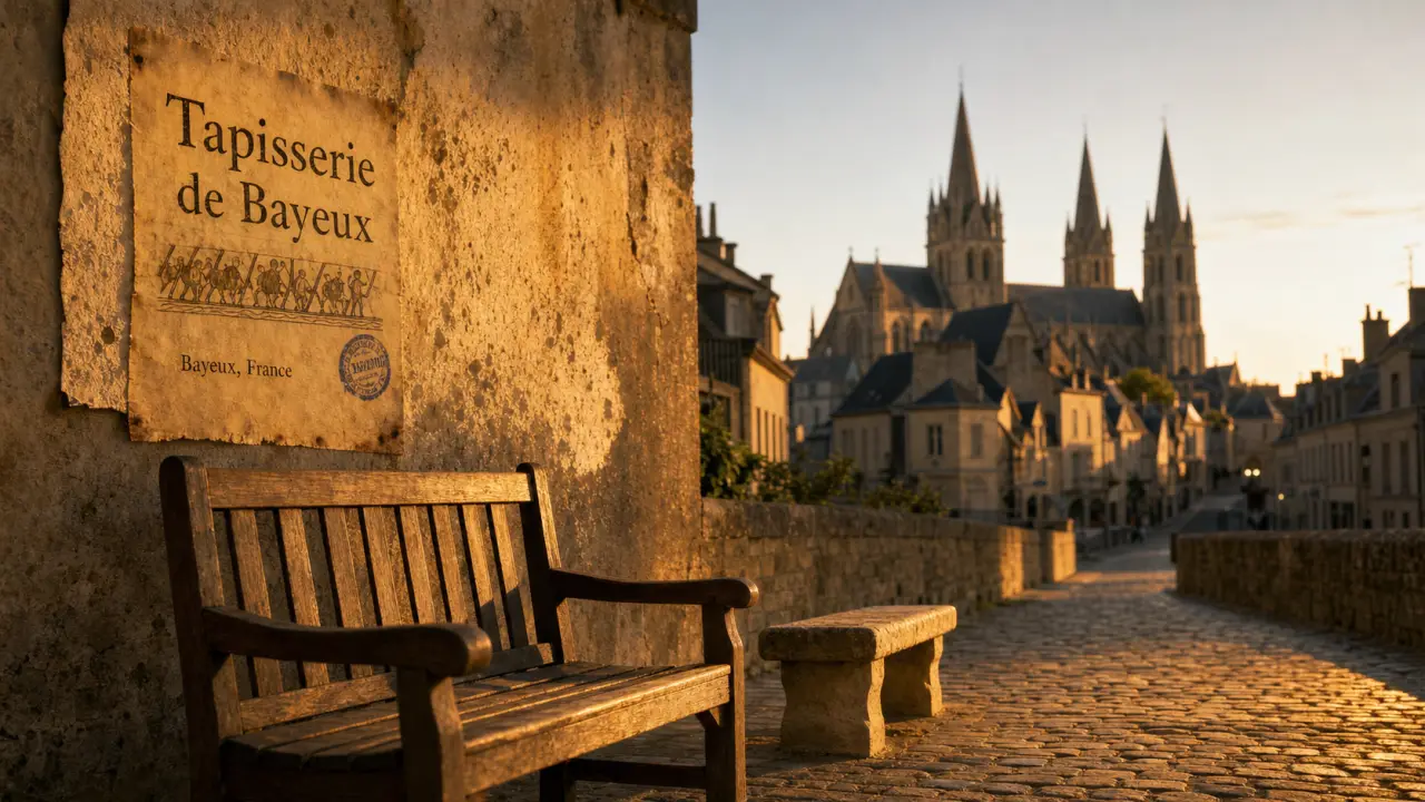 Visiter Bayeux : affiche « Tapisserie de Bayeux » et cathédrale Notre-Dame au golden hour