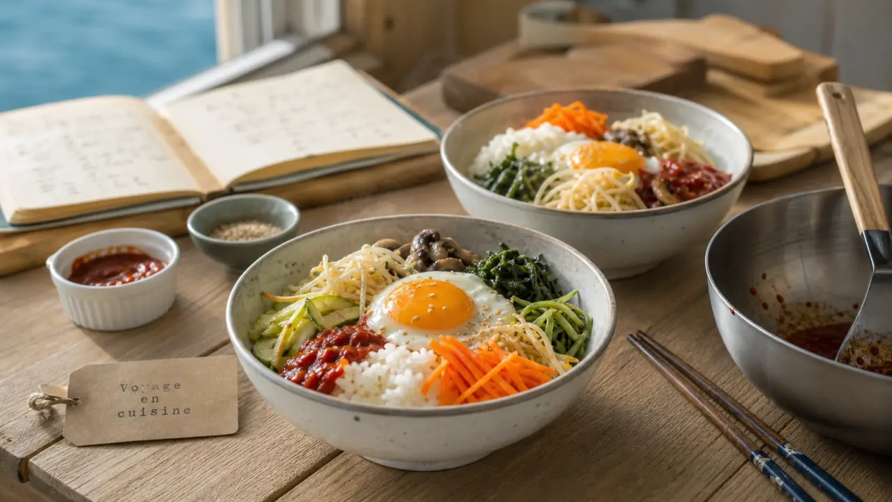 Voyage en cuisine recettes : bibimbap simple maison, bols et sauce pimentée