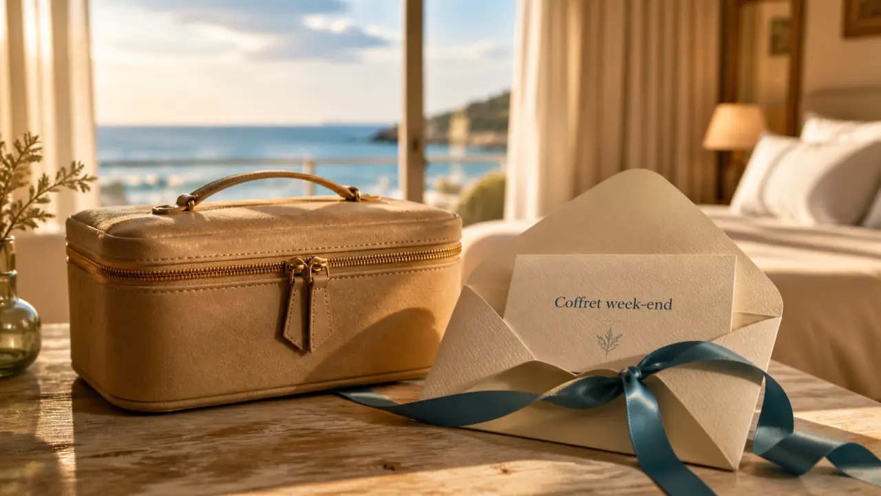 Coffret cadeau pour un week end sur table, chambre hôtel bord de mer