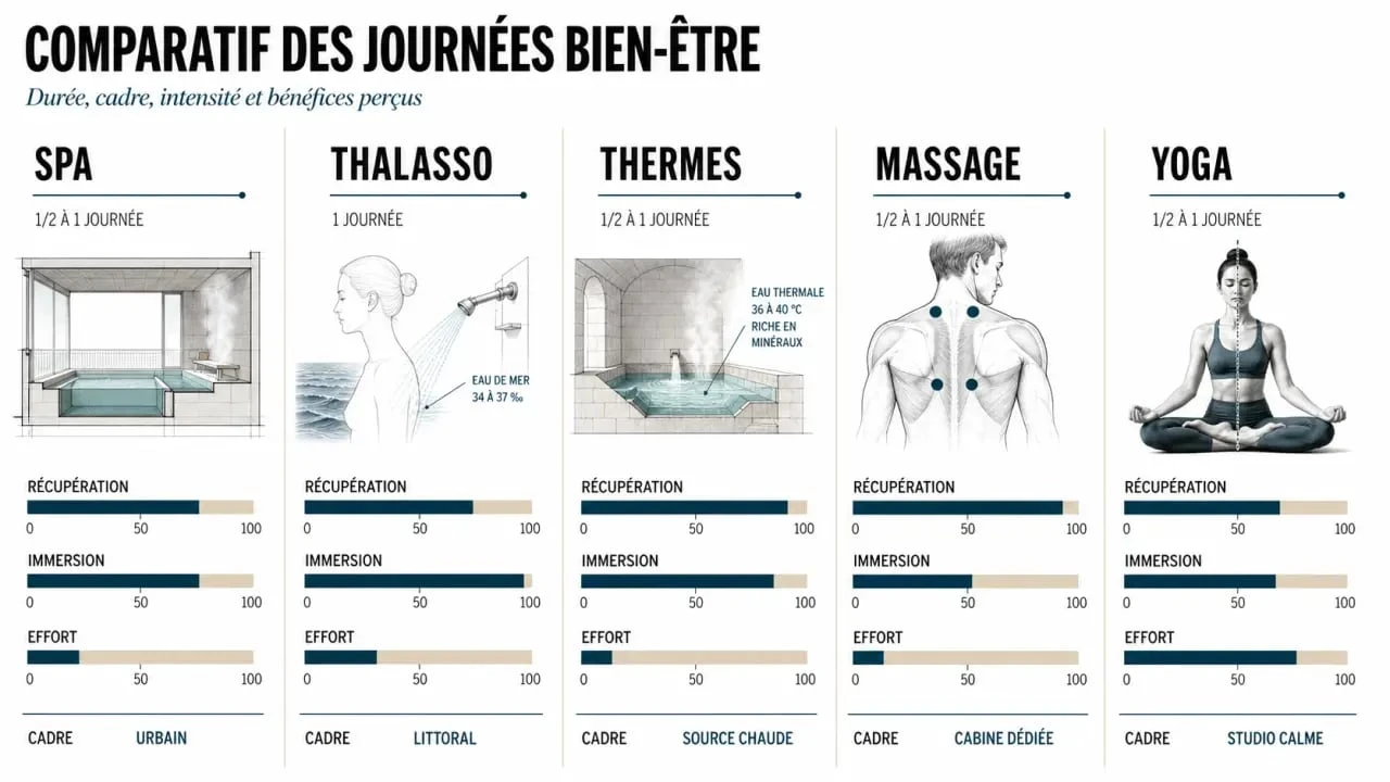 Journée bien être : comparatif visuel des formats spa, thalasso, thermes, massage et yoga