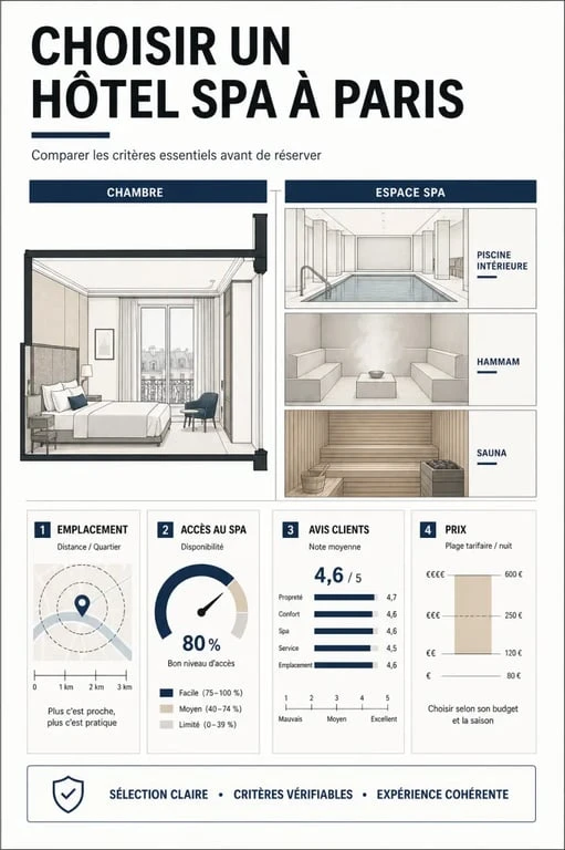 Hôtel spa en Paris : illustration éditoriale comparative des critères à vérifier avant réservation
