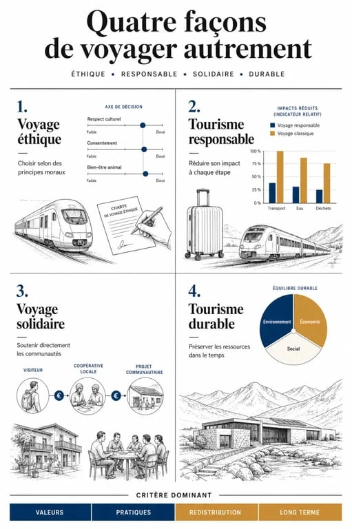 Voyage éthique : comparaison visuelle entre voyage éthique, tourisme responsable, voyage solidaire et tourisme durable
