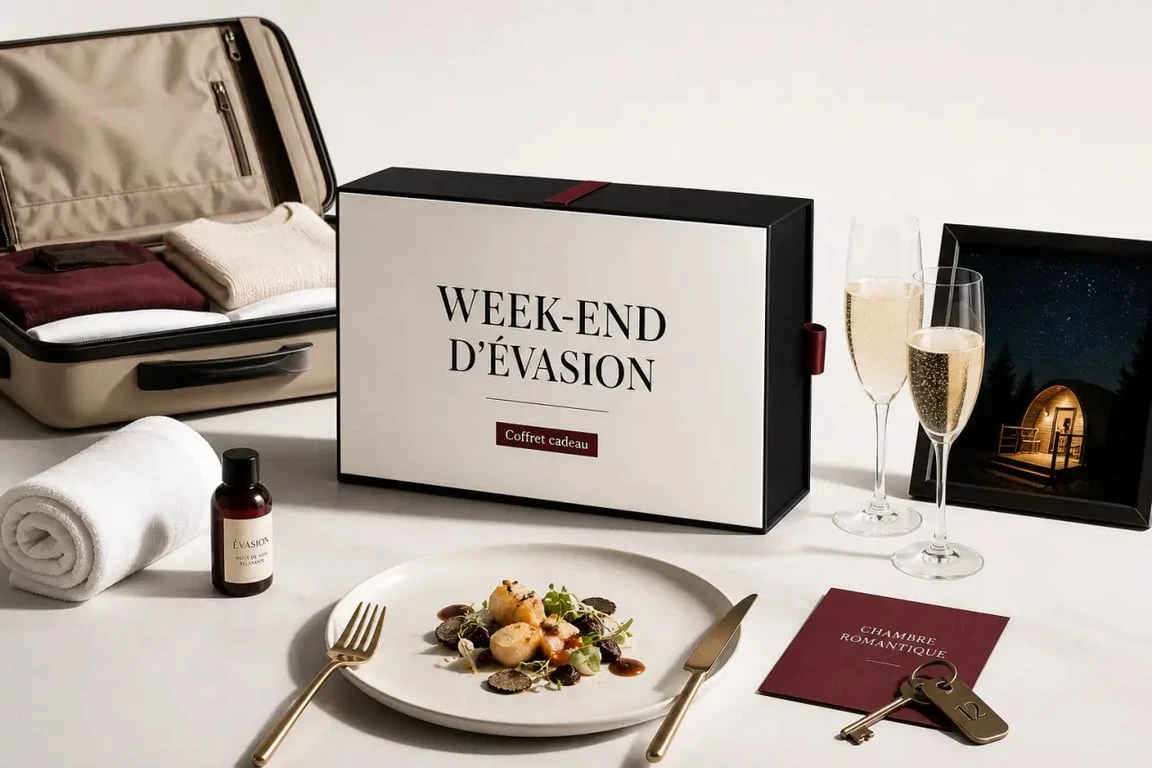 Coffret cadeau pour un week end avec valise et ambiances d’escapade