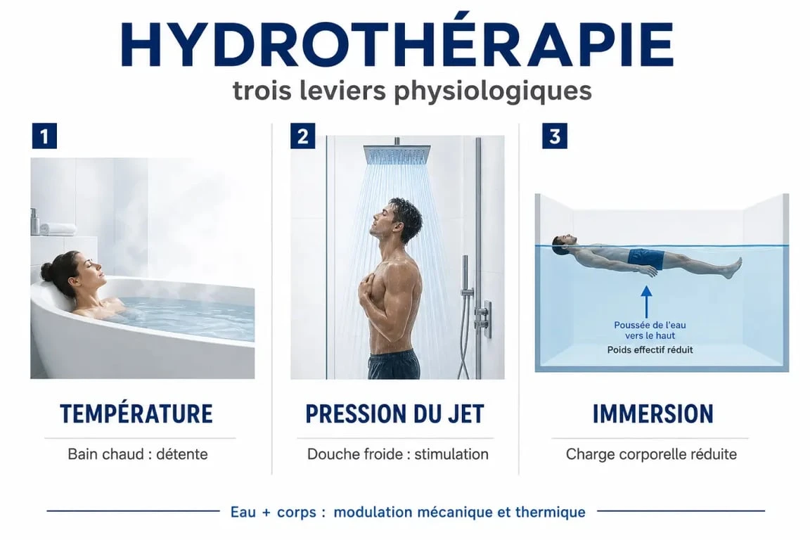 Hydrothérapie expliquée en schéma éditorial avec eau chaude, eau froide et immersion