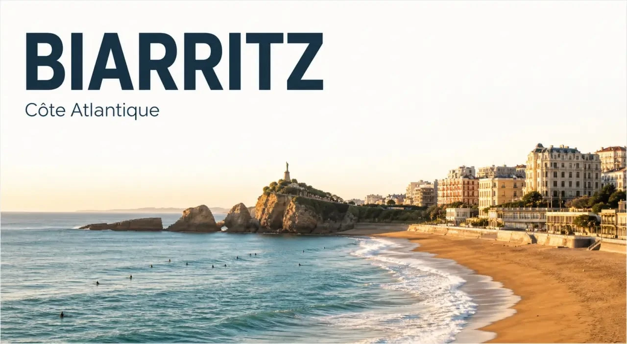 Que faire a biarritz : panorama de la Grande Plage et du Rocher de la Vierge au bord de l’Atlantique