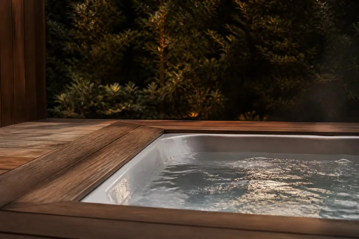 Camping avec jacuzzi privatif dordogne : jacuzzi privatif sur terrasse bois avec vue intime