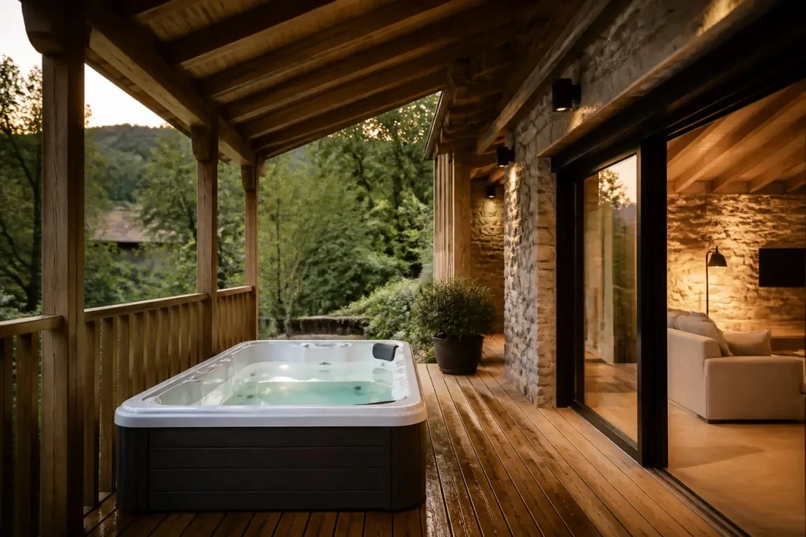 Camping avec jacuzzi privatif dordogne : chalet premium avec spa sur terrasse en bois dans un cadre verdoyant
