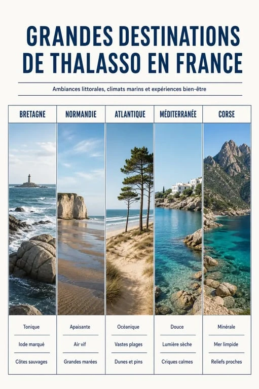 Infographie comparative des destinations thalasso france en Bretagne, Normandie, Atlantique, Méditerranée et Corse