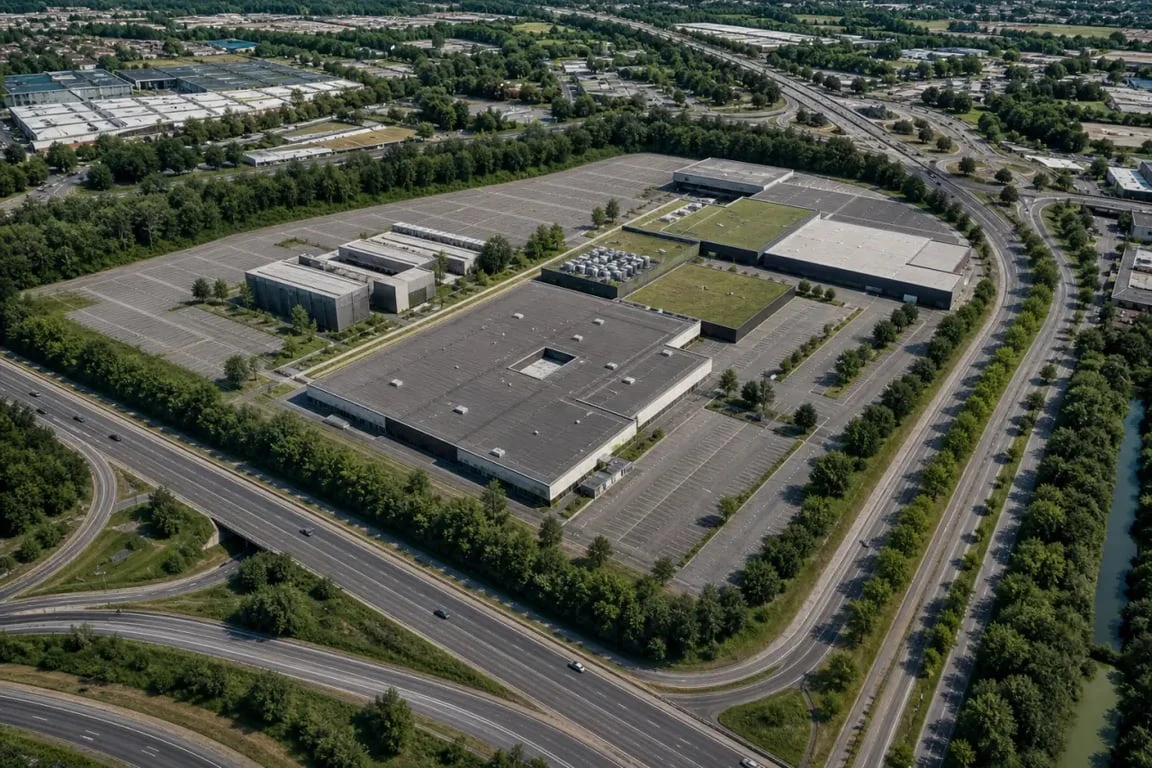 Orgeval art de vivre, vue aérienne éditoriale du site en reconversion vers un data center