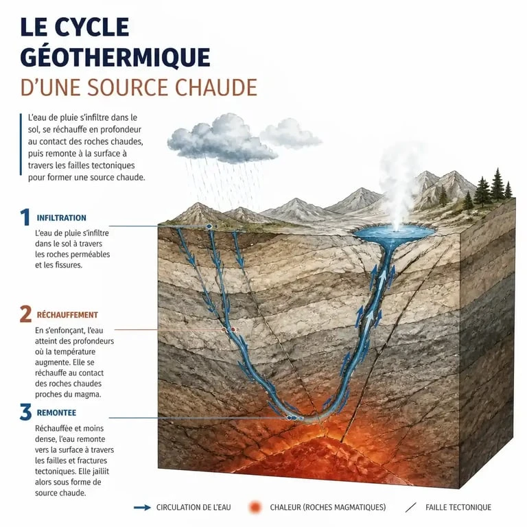 Schéma explicatif du fonctionnement géologique d'une source chaude naturelle