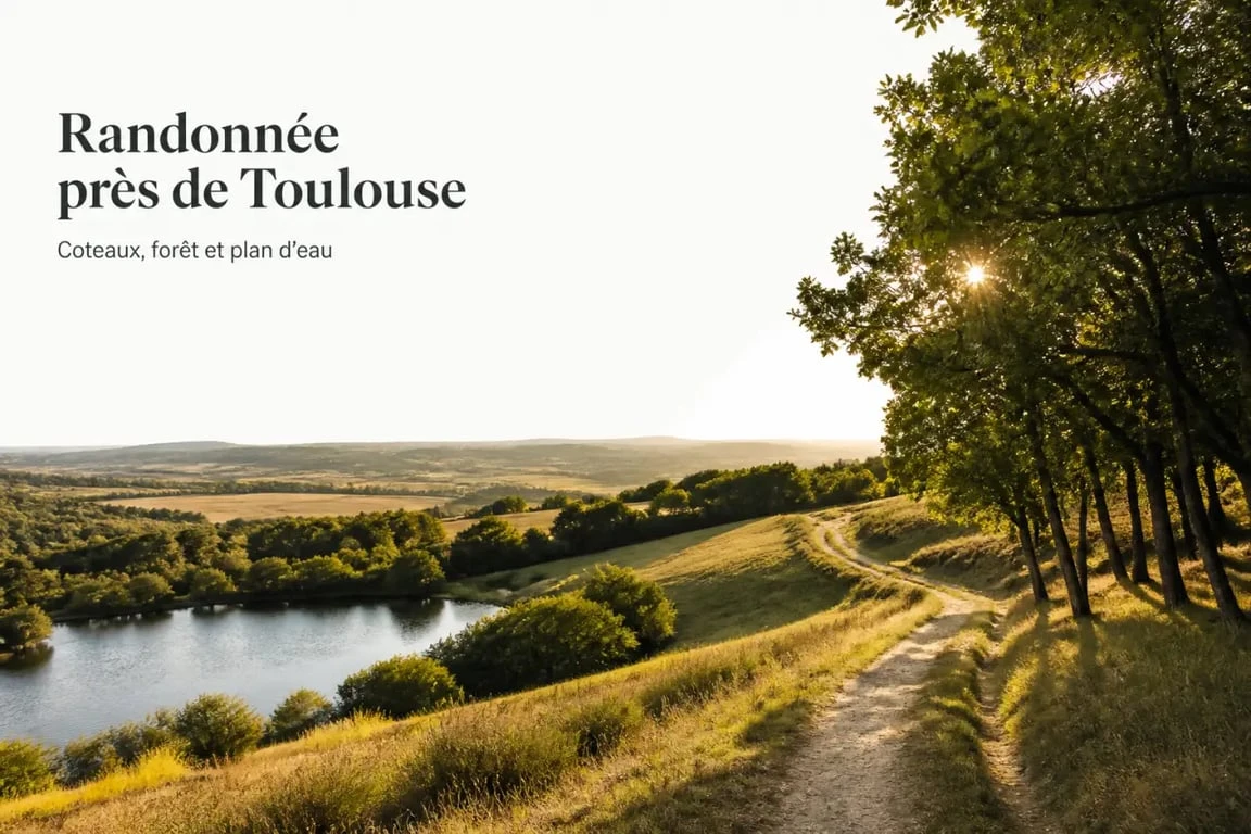 Randonnée près de Toulouse : sentier vallonné entre coteaux, forêt et plan d’eau