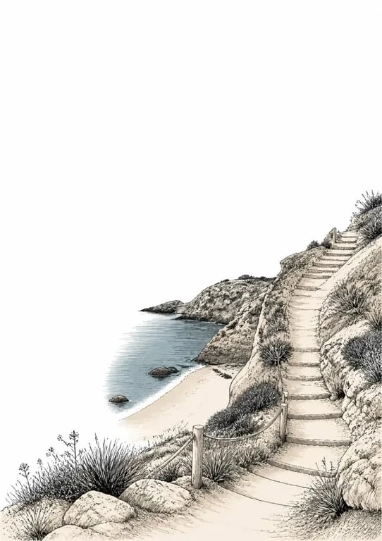 Accès à une plage sauvage par sentier côtier vers une crique isolée