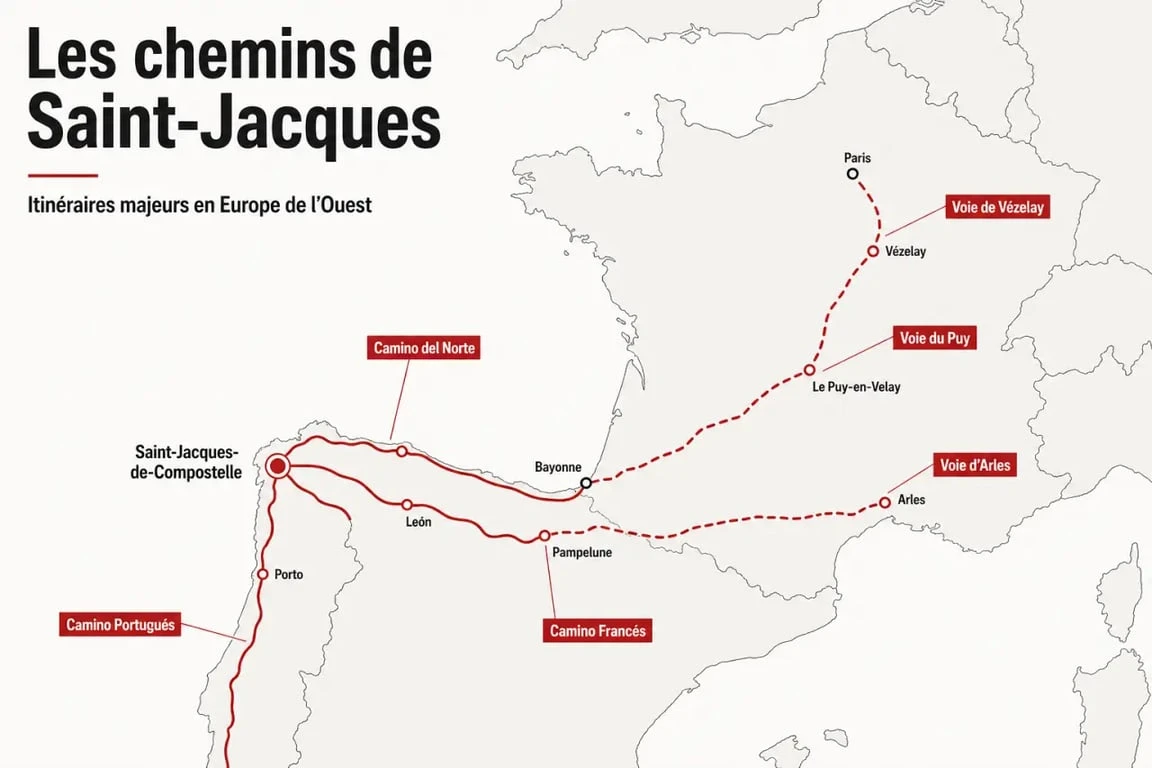 Carte éditoriale des chemins de saint jacques de compostelle vers Saint-Jacques-de-Compostelle