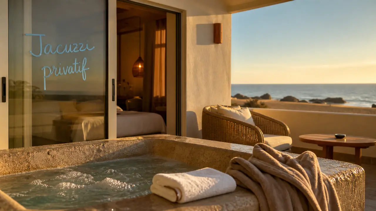Hotel avec jacuzzi privatif, terrasse vue mer, jacuzzi et peignoir