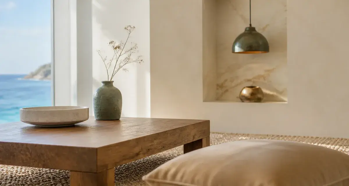 Luxury design art de vivre : salon côtier haut de gamme, matières nobles et lumière douce