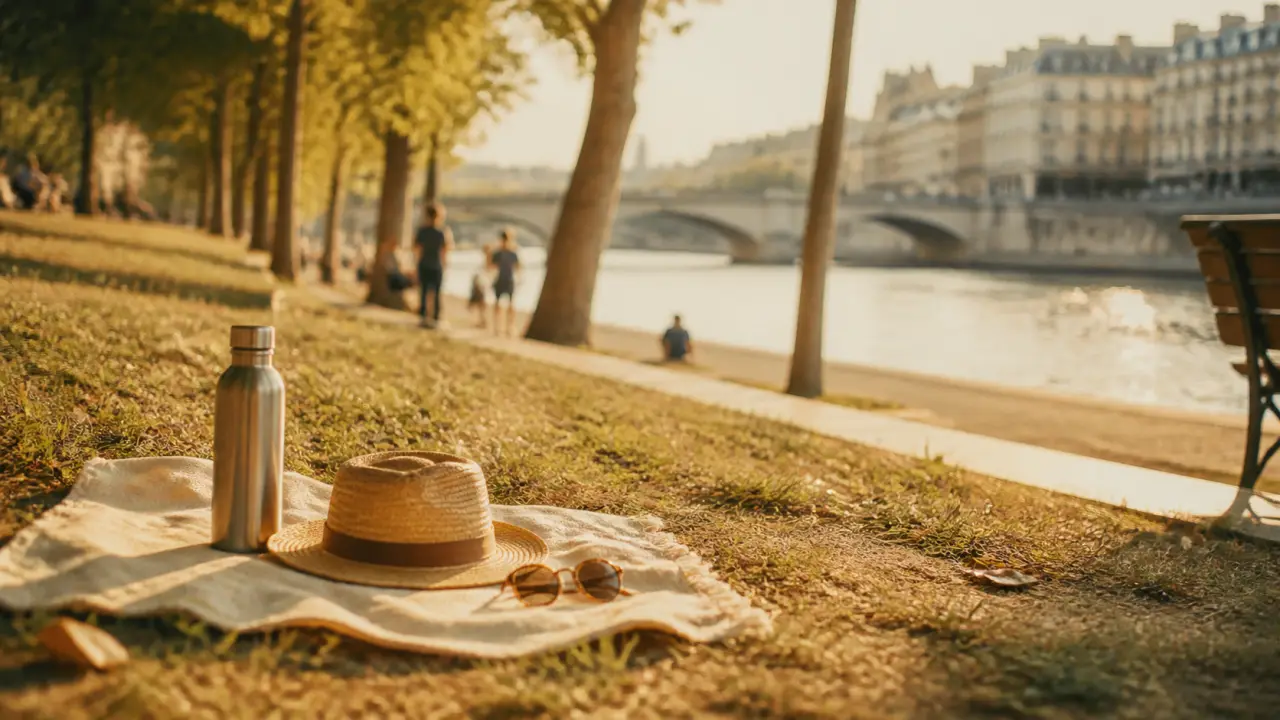 Où bronzer a Paris : serviette près d’une berge au golden hour