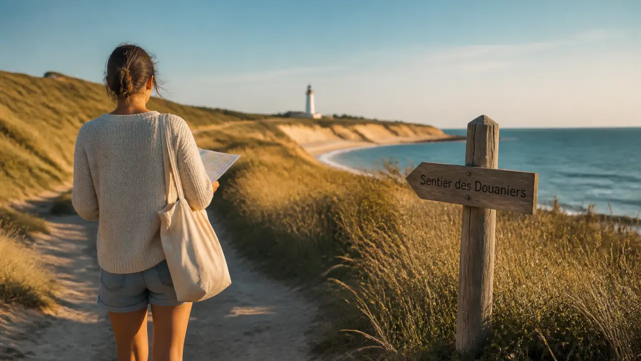 Où partir seule en France : voyageuse sur sentier côtier, sable doré et mer calme