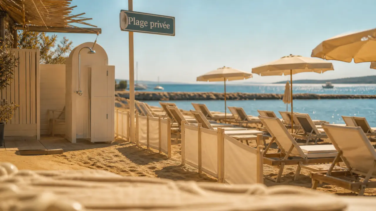 Plage privée marseille : transats, douche extérieure et mer Méditerranée