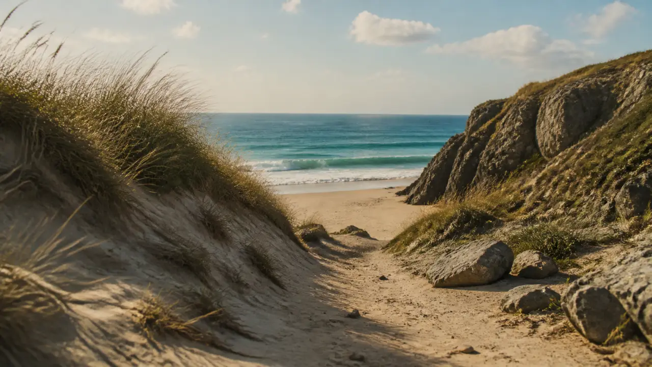Plage sauvage entre dunes et falaises, Atlantique turquoise