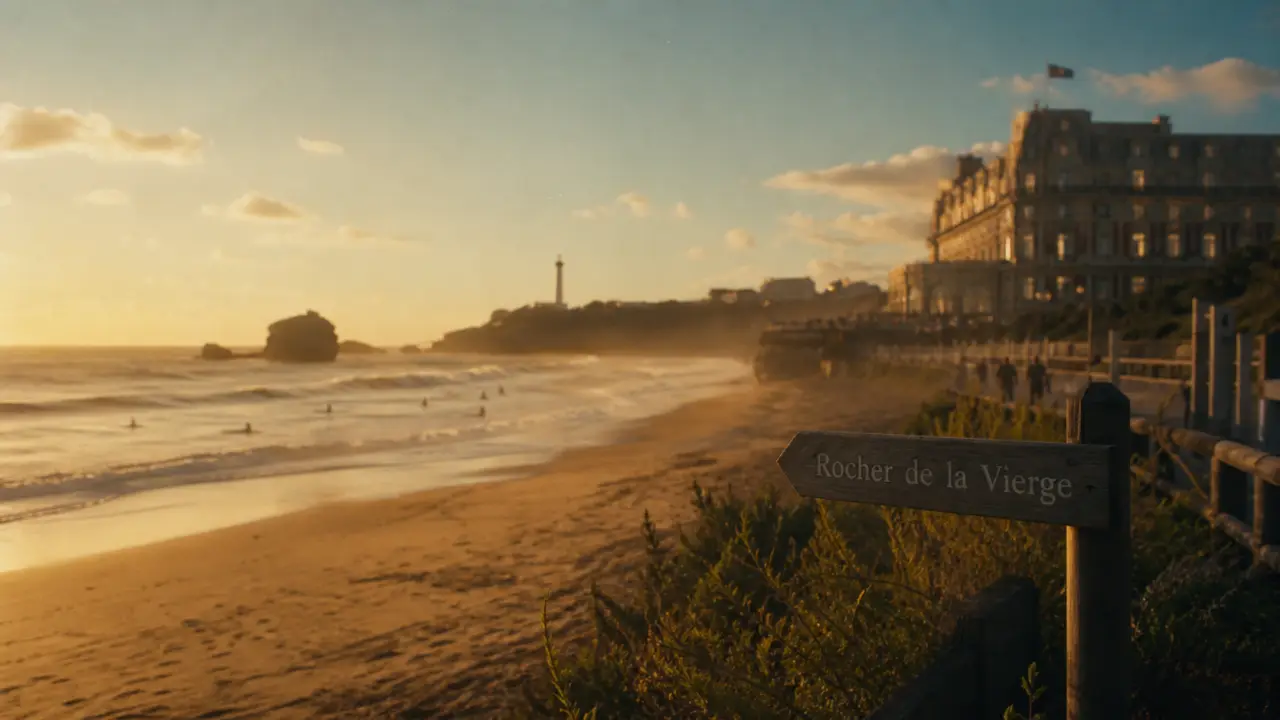 Que faire a biarritz : Grande Plage et Rocher de la Vierge au coucher du soleil