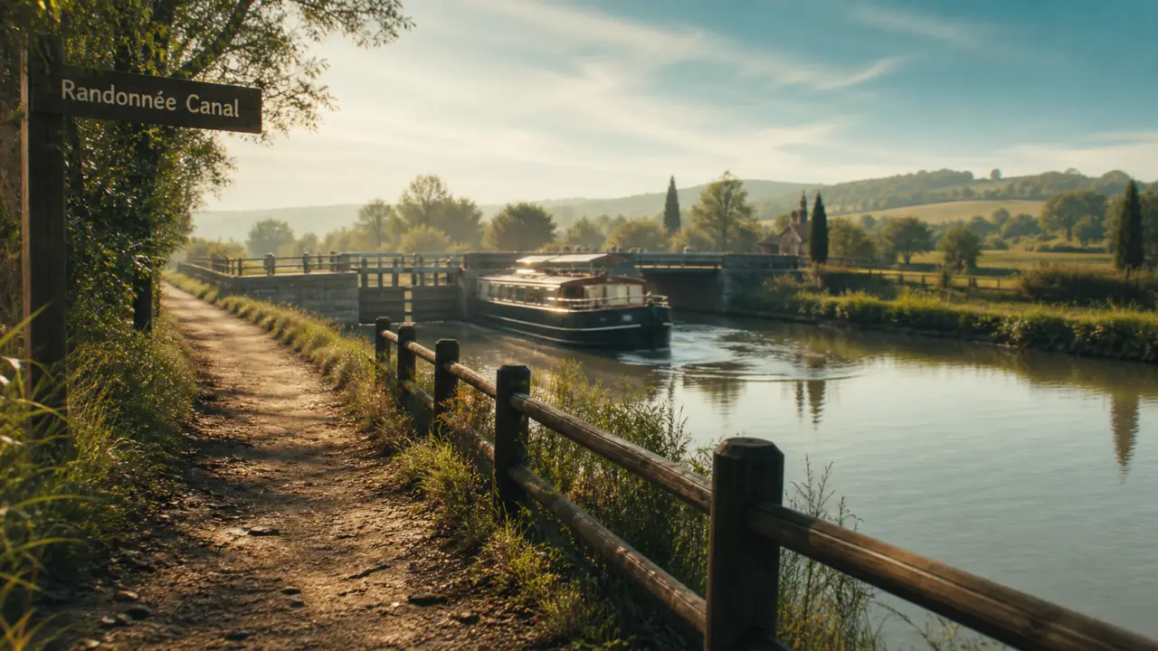 Randonnée près de Toulouse au Canal du Midi : sentier, péniche et coteaux