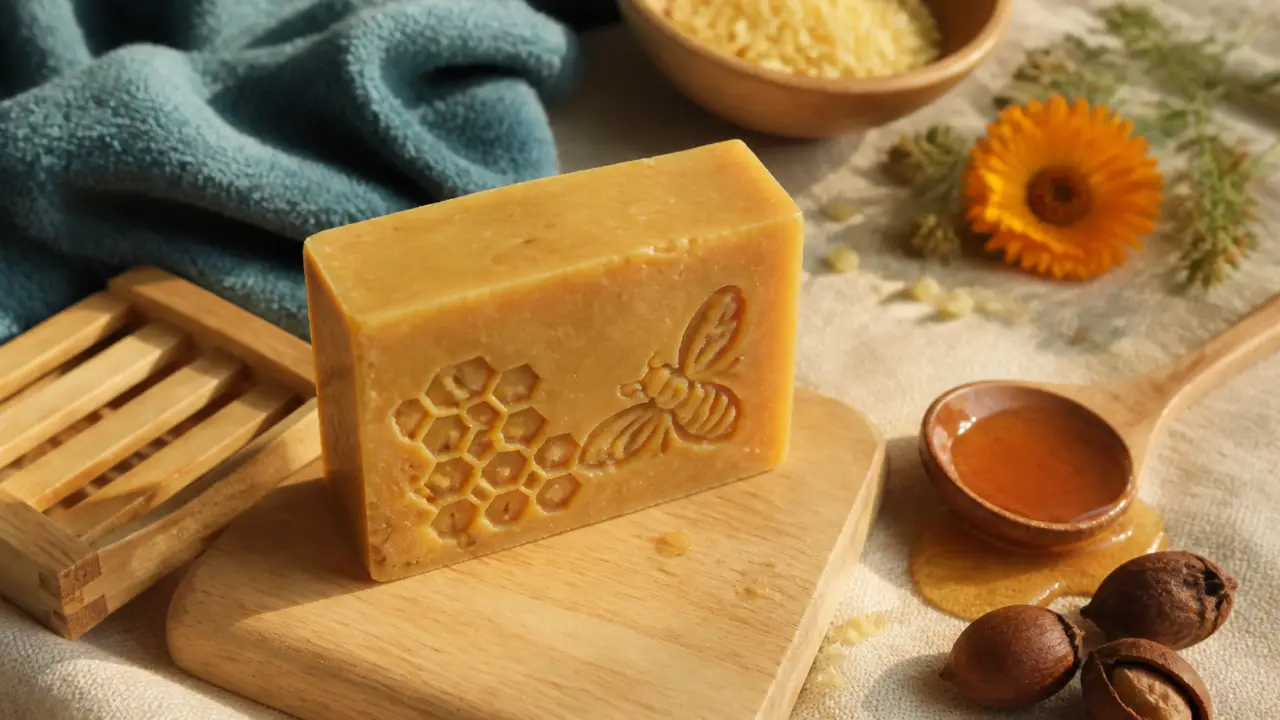 Savon miel bio artisanal surgras à froid, plan rapproché