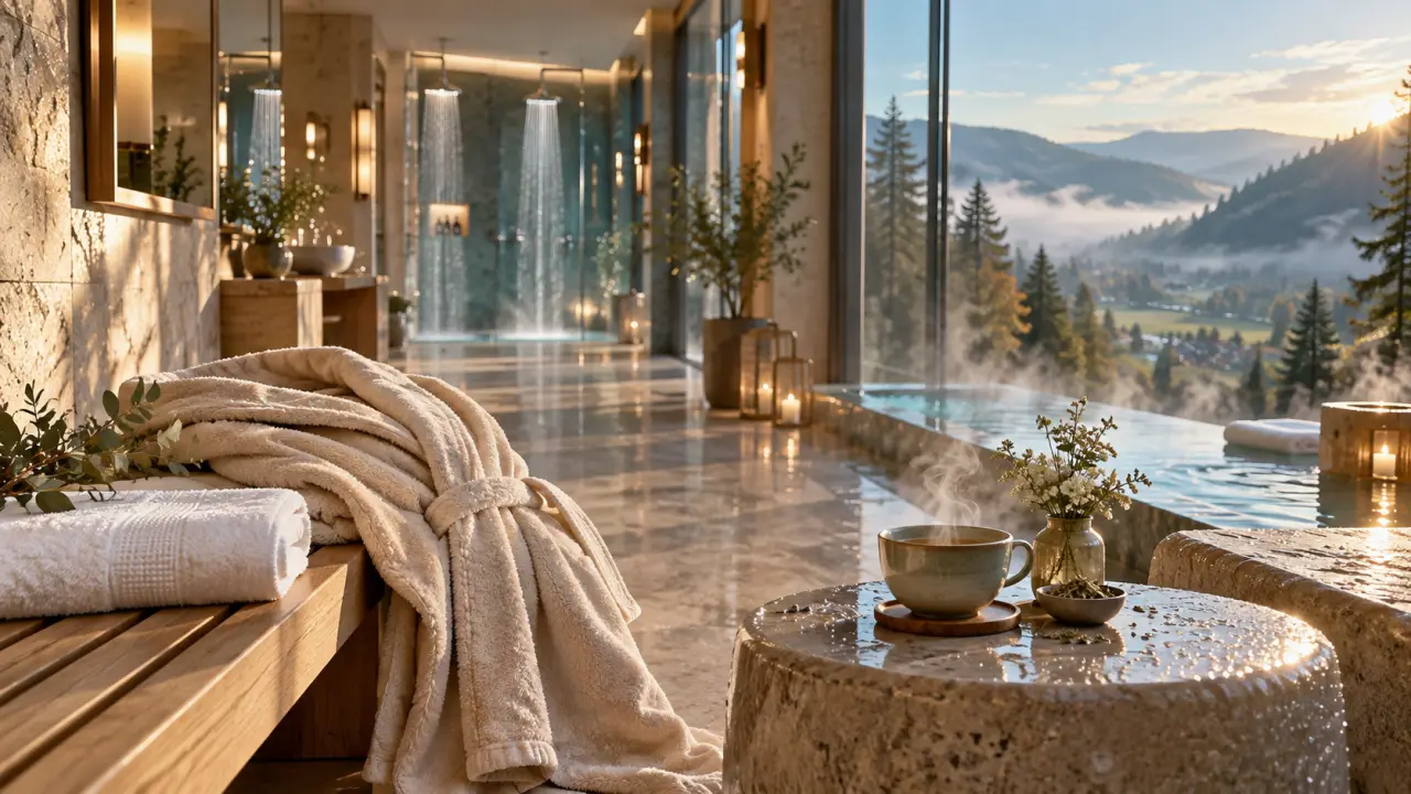 Cheneaudière hôtel spa relais & châteaux : couloir spa premium avec verrière sur la Vallée de la Bruche