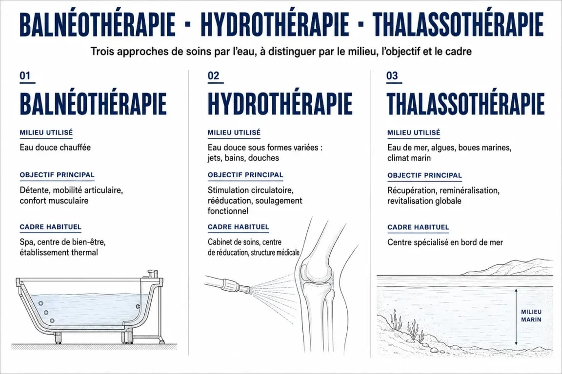 Balnéothérapie, hydrothérapie et thalassothérapie : comparaison visuelle des milieux et des objectifs