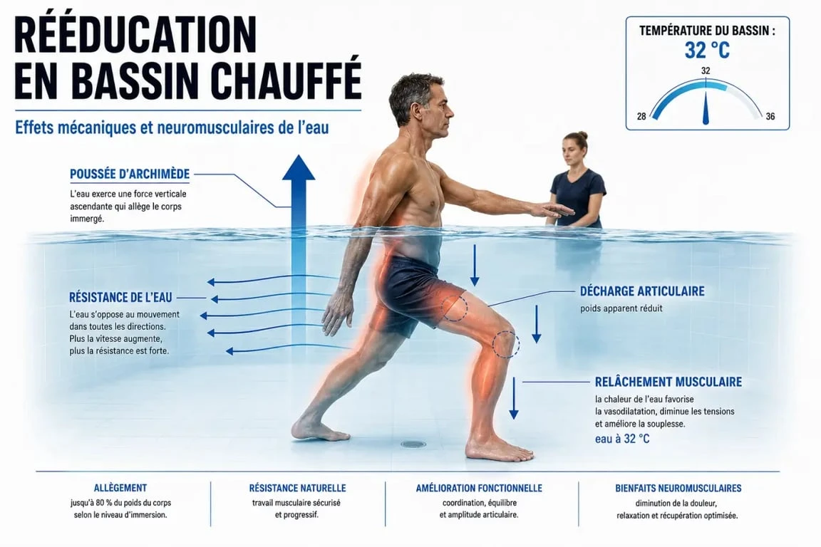 Balnéothérapie en rééducation : schéma des effets de la flottaison, de la chaleur et de la résistance de l’eau
