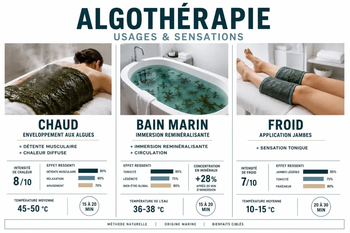 Algotherapie : schéma des formes de soin aux algues marines avec enveloppement, bain et application froide