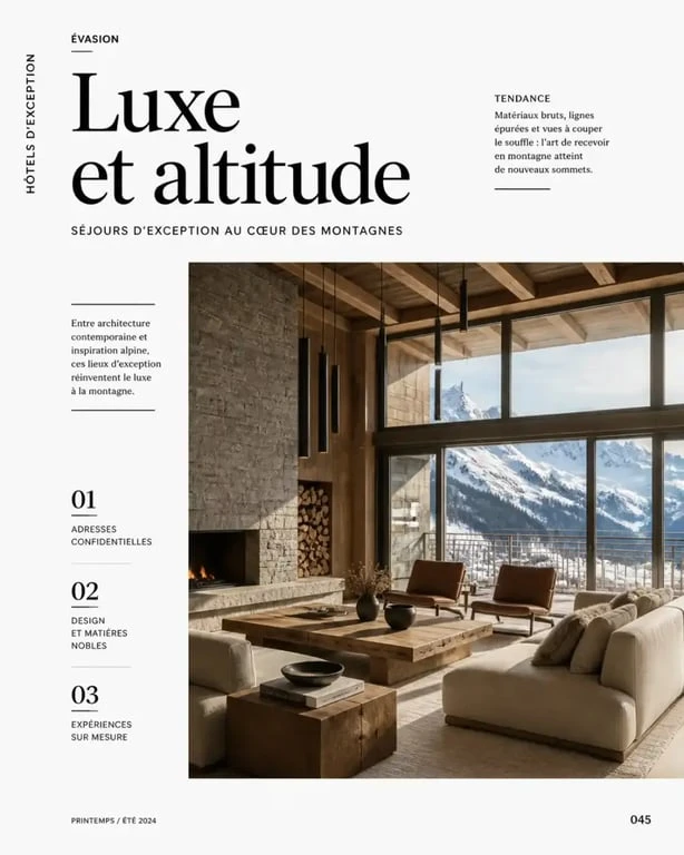 Design intérieur élégant et épuré du Lykke Hôtel & Spa avec vue sur les sommets alpins