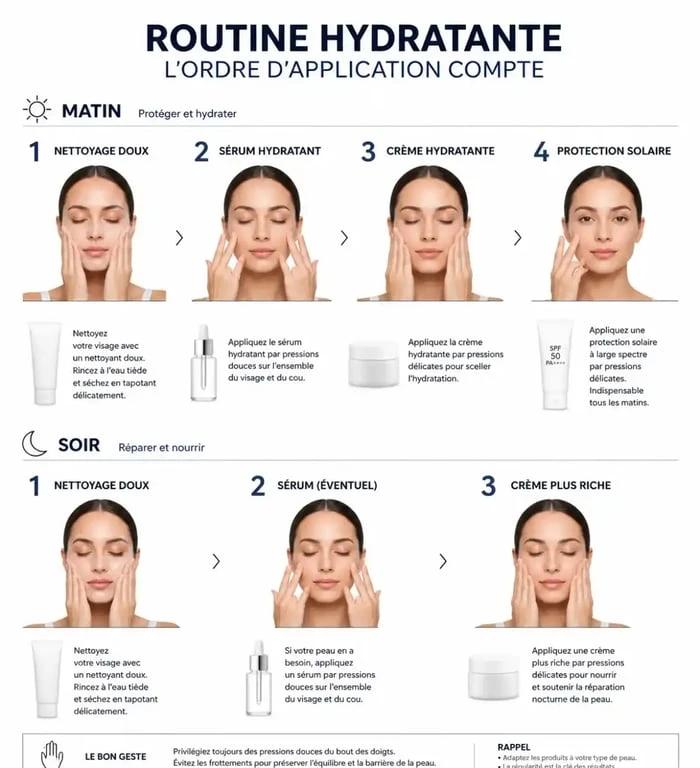 Ordre d’application d’un soin hydratant visage dans une routine matin et soir