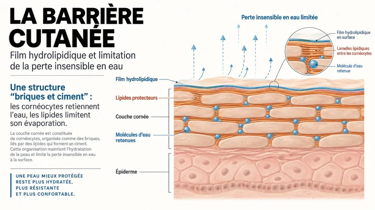Schéma du rôle d’un soin hydratant visage sur la barrière cutanée et le film hydrolipidique