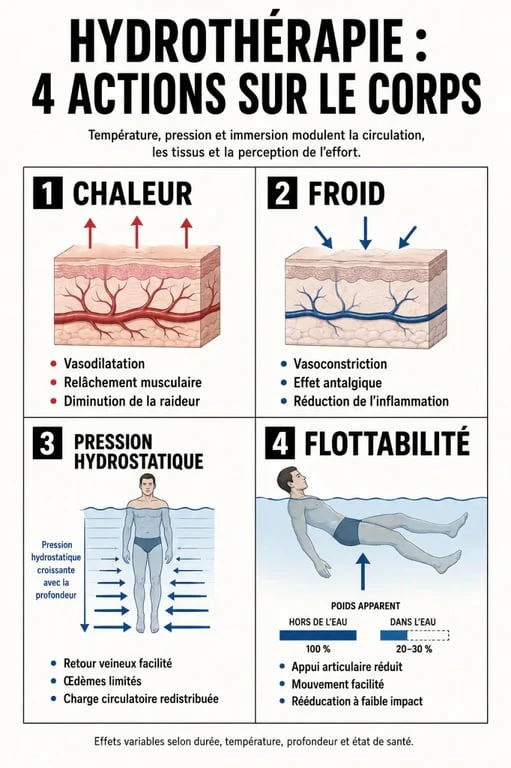 Tout savoir sur l'hydrothérapie : schéma des effets de la chaleur, du froid, de la pression et de la flottabilité