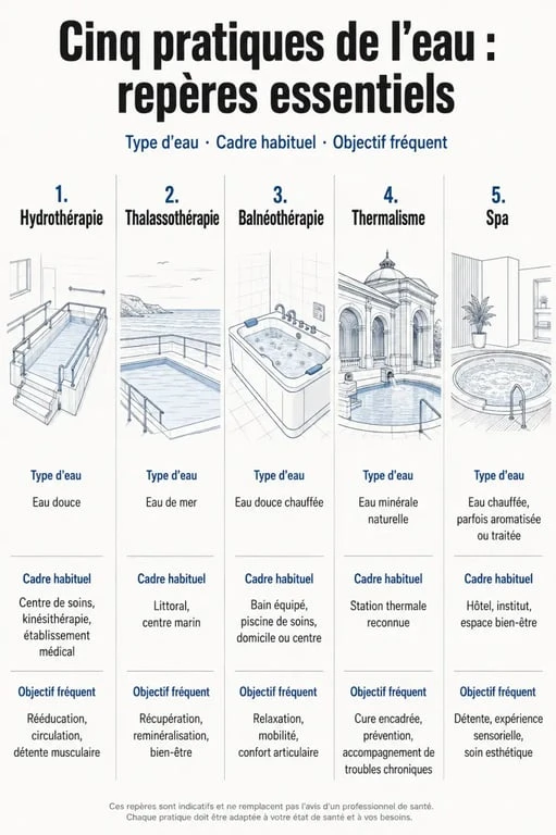 Tout savoir sur l'hydrothérapie : schéma comparatif entre hydrothérapie, thalassothérapie, balnéothérapie, thermalisme et spa