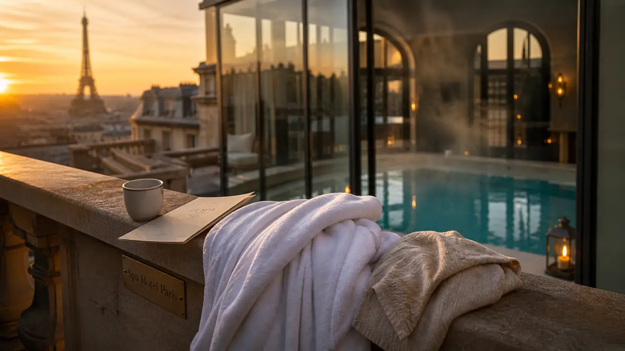 Spa hotel paris : vue balcon vers piscine intérieure, peignoir et vapeur