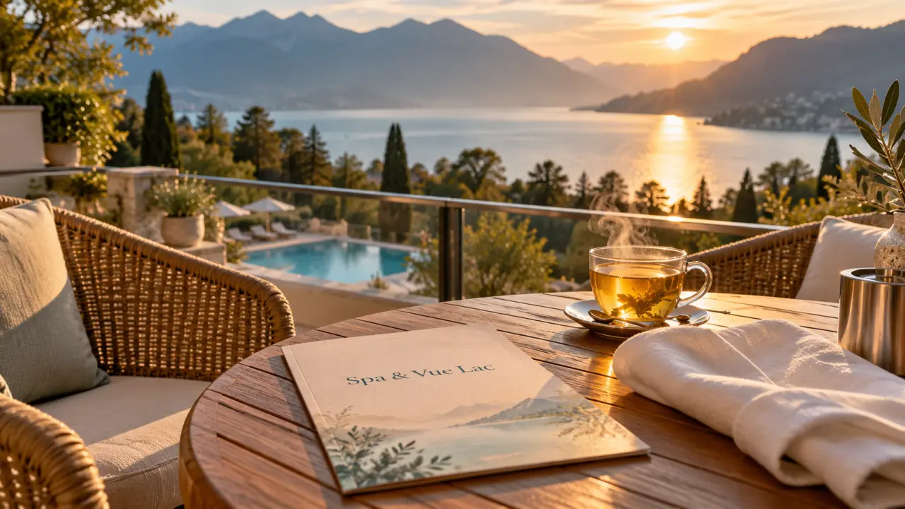 Hôtel les trésoms lake and spa resort : vue lac depuis une terrasse, ambiance spa.