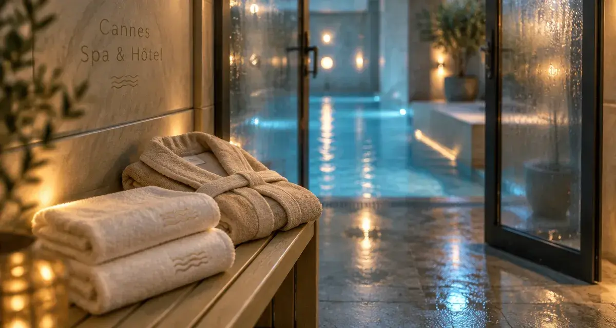 hôtel montaigne et spa : peignoir et serviettes devant la piscine intérieure chauffée