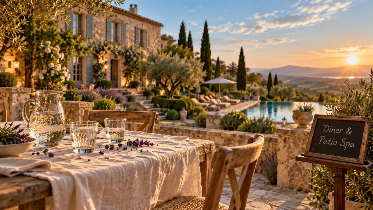 Hôtel restaurant & spa la Magdeleine Mathias Dandine : table sur terrasse, bastide provençale et spa