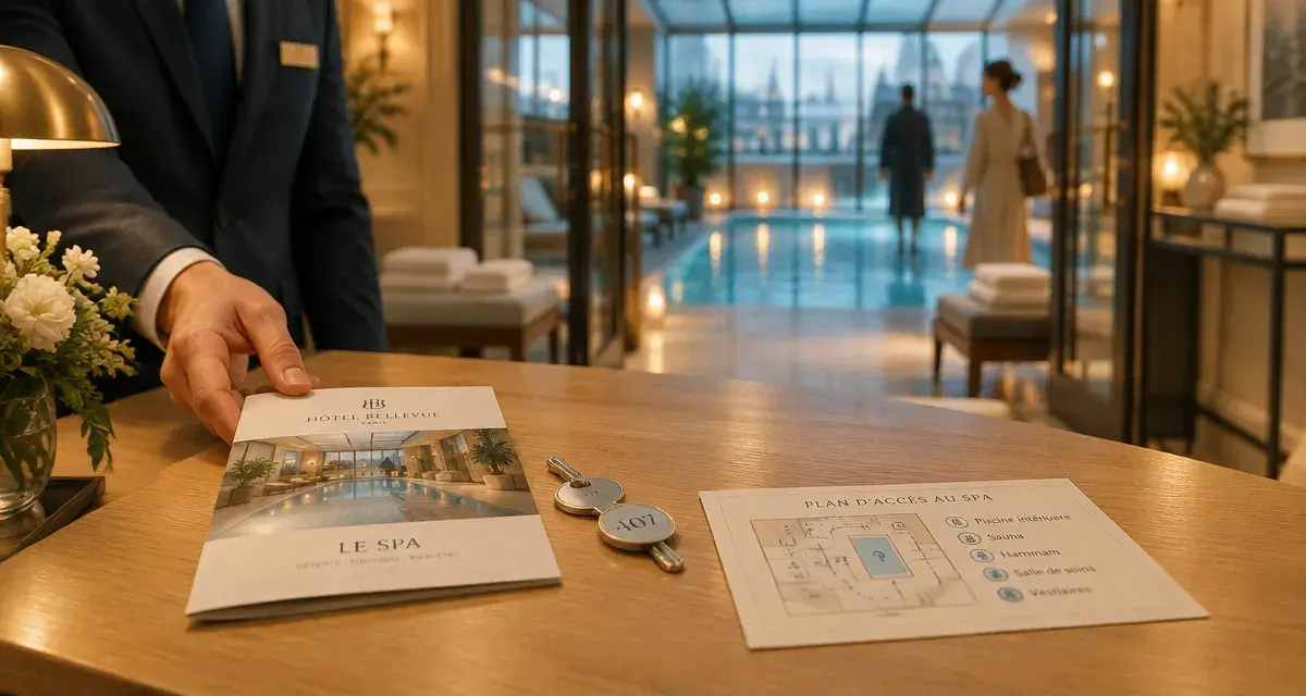 Hôtel & spa royal madeleine : vue hall vers spa, clé et brochure